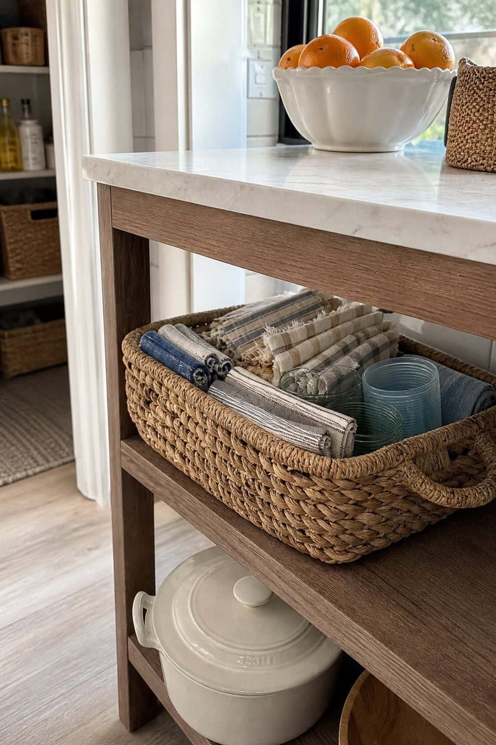 25 Summer Kitchen Decor Ideas for a Lighter Seasonal Look Seagrass Basket for Summer Linens in a bright, realistic summer kitchen setting