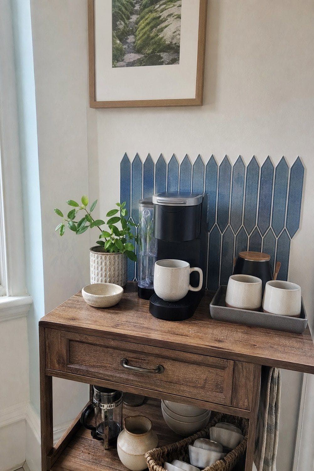 25 Summer Kitchen Decor Ideas for a Lighter Seasonal Look Blue Peel-and-Stick Tile Behind a Coffee Bar in a bright, realistic summer kitchen setting