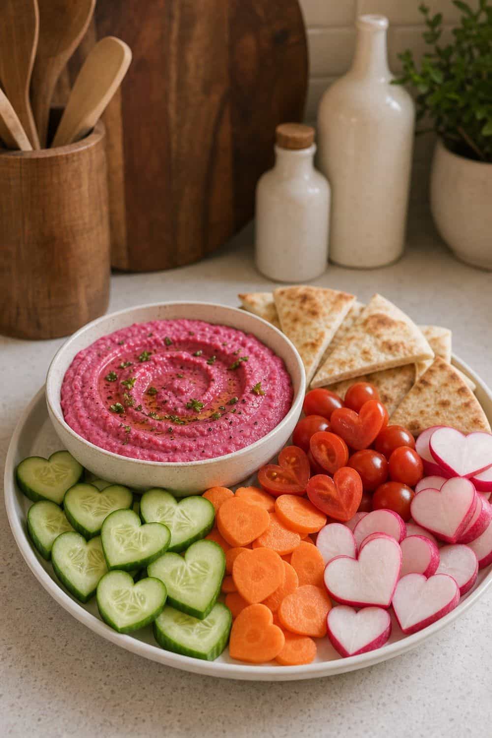 20 Valentine Snack Plate Ideas for Cozy Food Moments Pink Hummus and Veggie Hearts Valentine snack plate