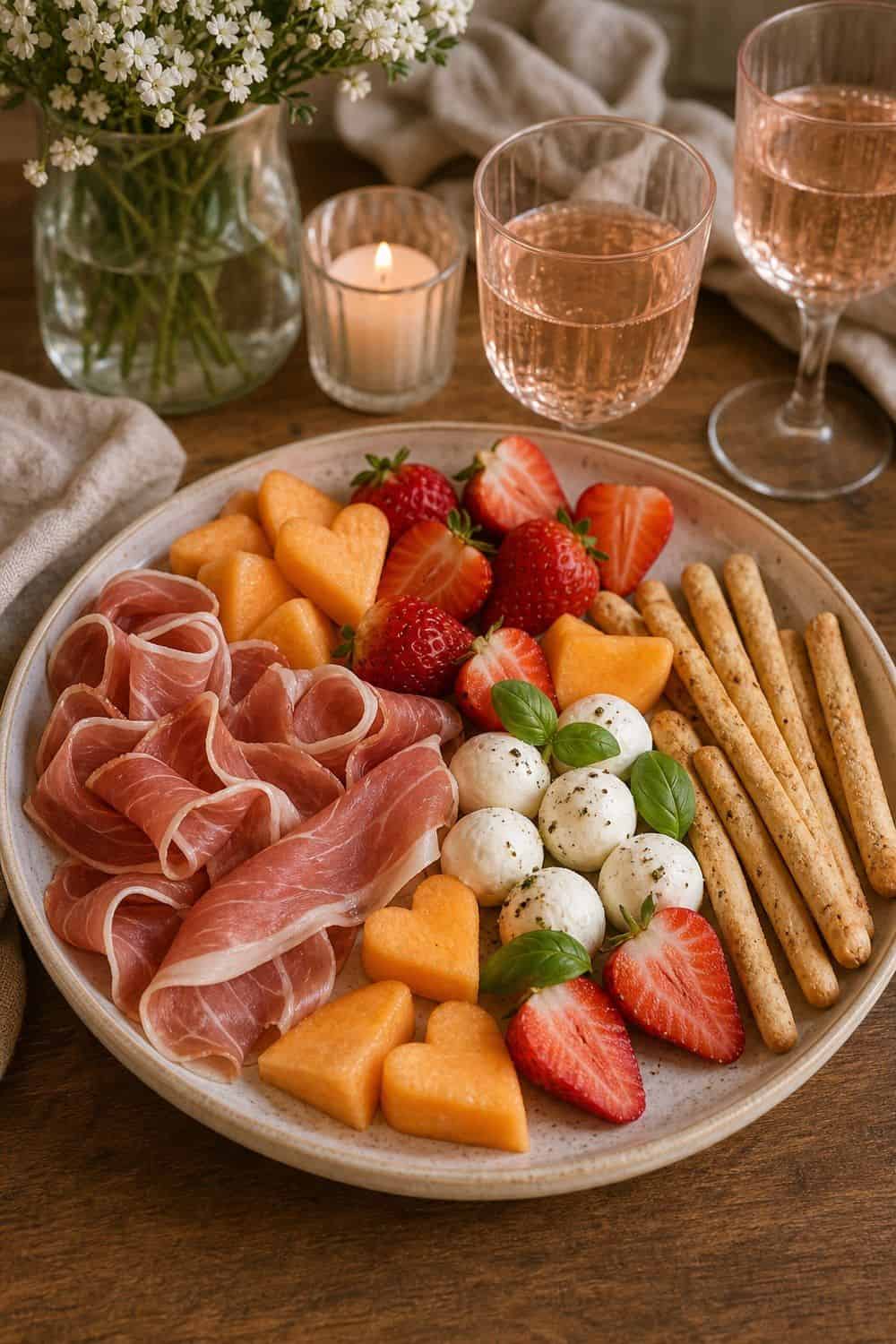 20 Valentine Snack Plate Ideas for Cozy Food Moments Prosciutto Melon and Strawberries Valentine snack plate