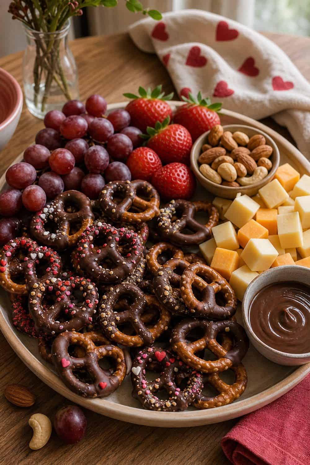 20 Valentine Snack Plate Ideas for Cozy Food Moments Chocolate-Dipped Pretzels With Fruit Valentine snack plate