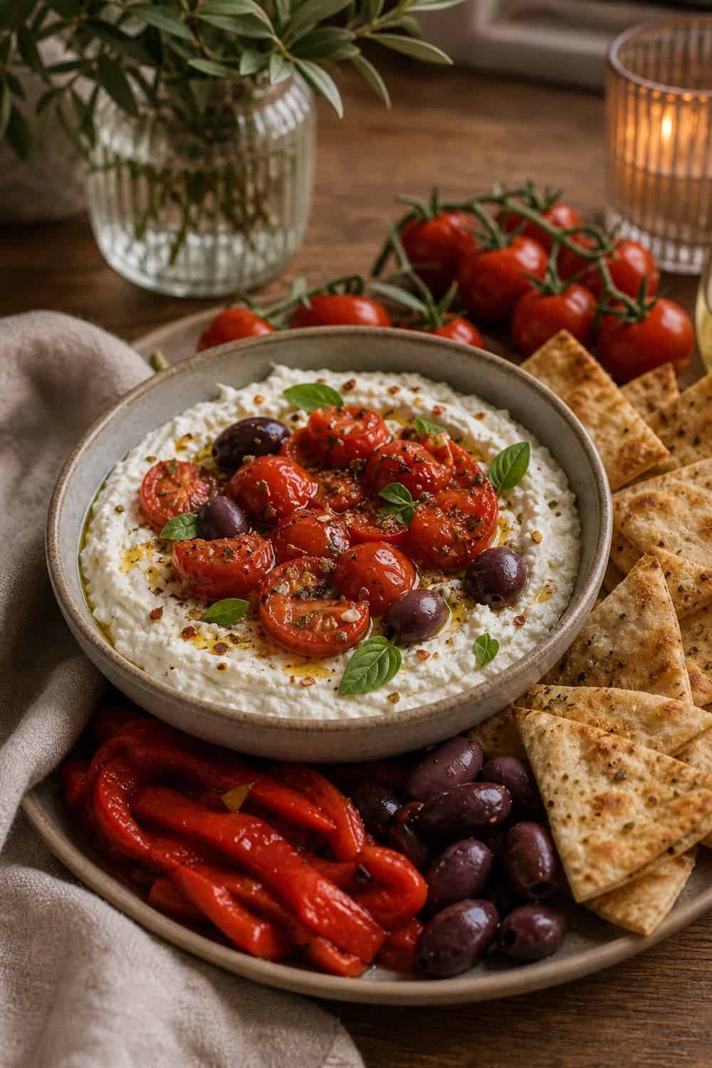 20 Valentine Snack Plate Ideas for Cozy Food Moments Cherry Tomato Whipped Feta Valentine snack plate