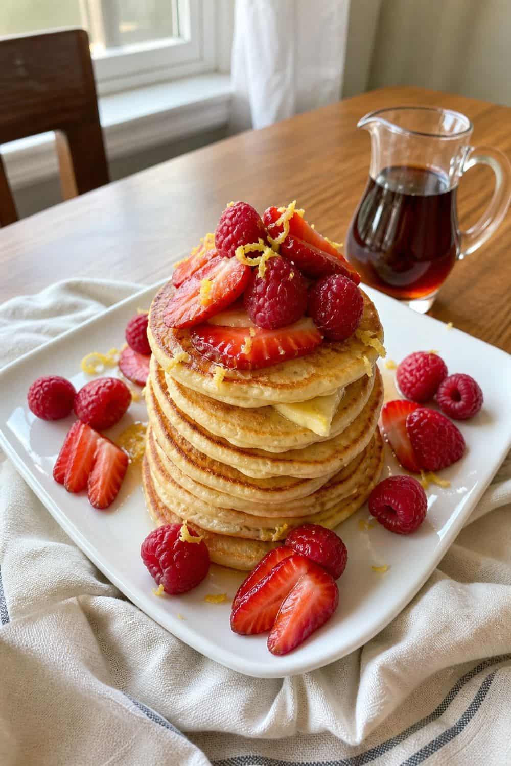 25 Valentine's Day Brunch Hosting Ideas for a Pretty Morning Table 3. Create a Pancake Stack With Berry Toppings for Valentine’s Day brunch