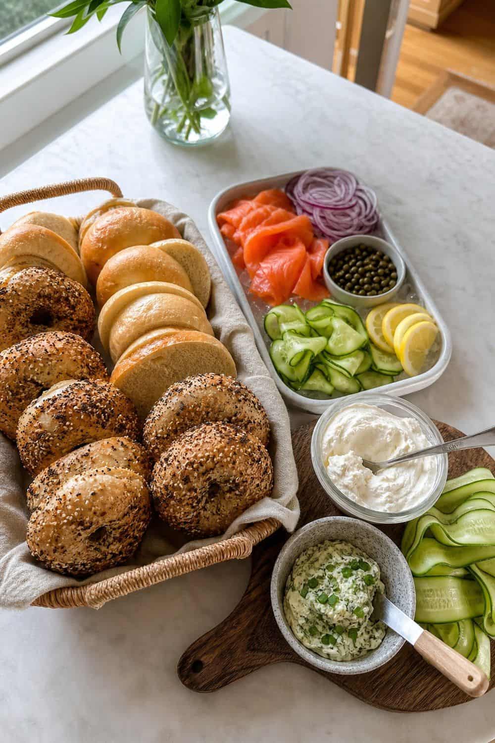 25 Valentine's Day Brunch Hosting Ideas for a Pretty Morning Table 9. Build a Mini Bagel and Schmear Board for Valentine’s Day brunch