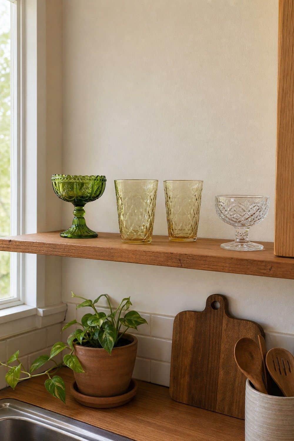 vintage kitchen ideas 01 vintage glassware on one shelf
