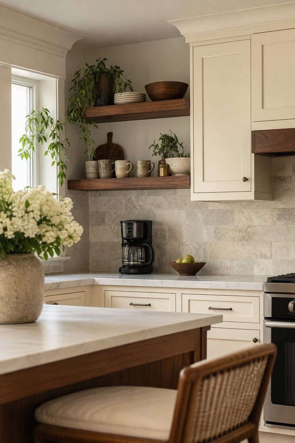 25 Warm Neutral Kitchen Ideas for a Softer Modern Look 6. Mix Cream Cabinets With Walnut Accents