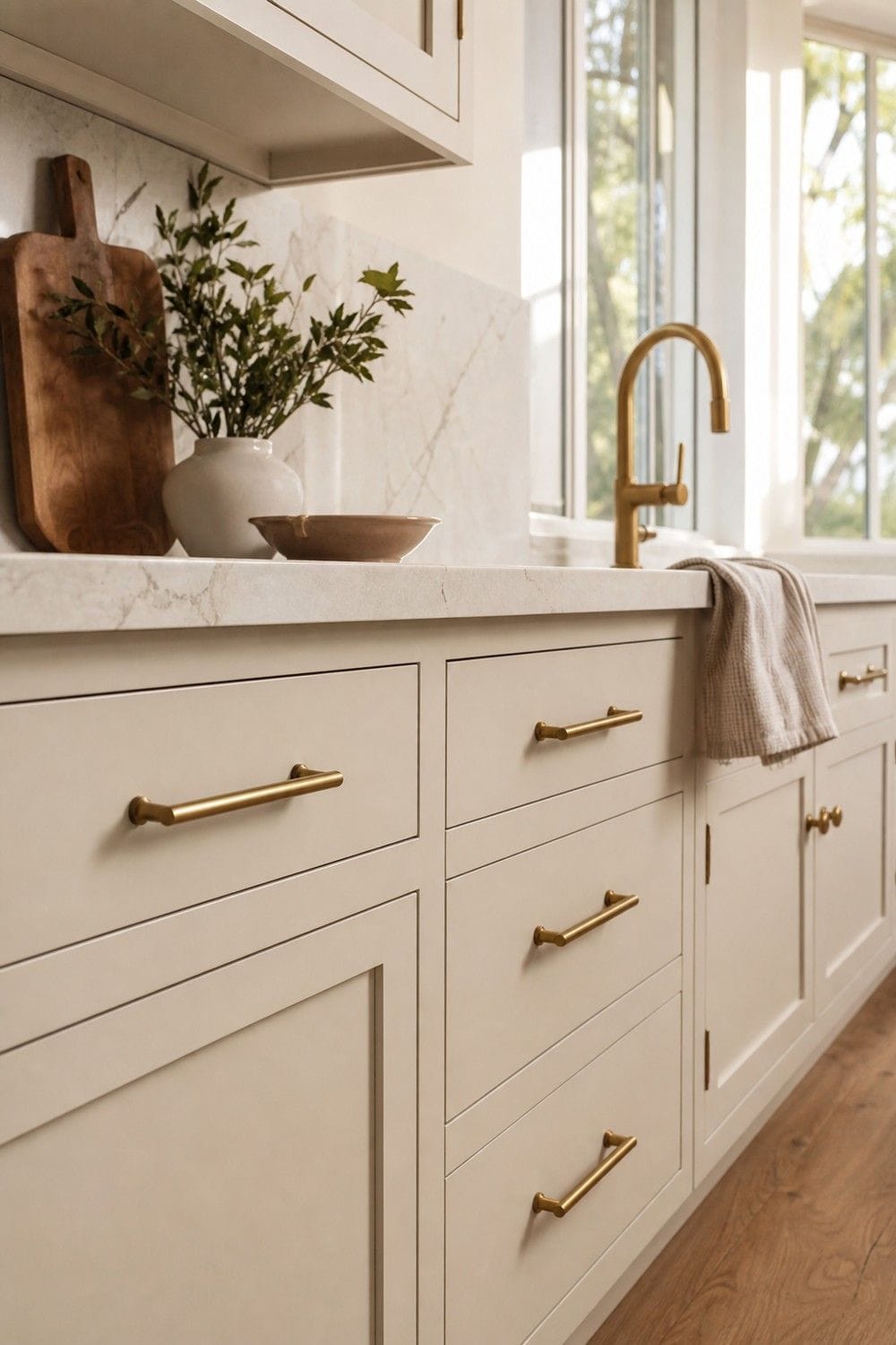 25 Warm Neutral Kitchen Ideas for a Softer Modern Look 12. Add Brushed Brass Hardware