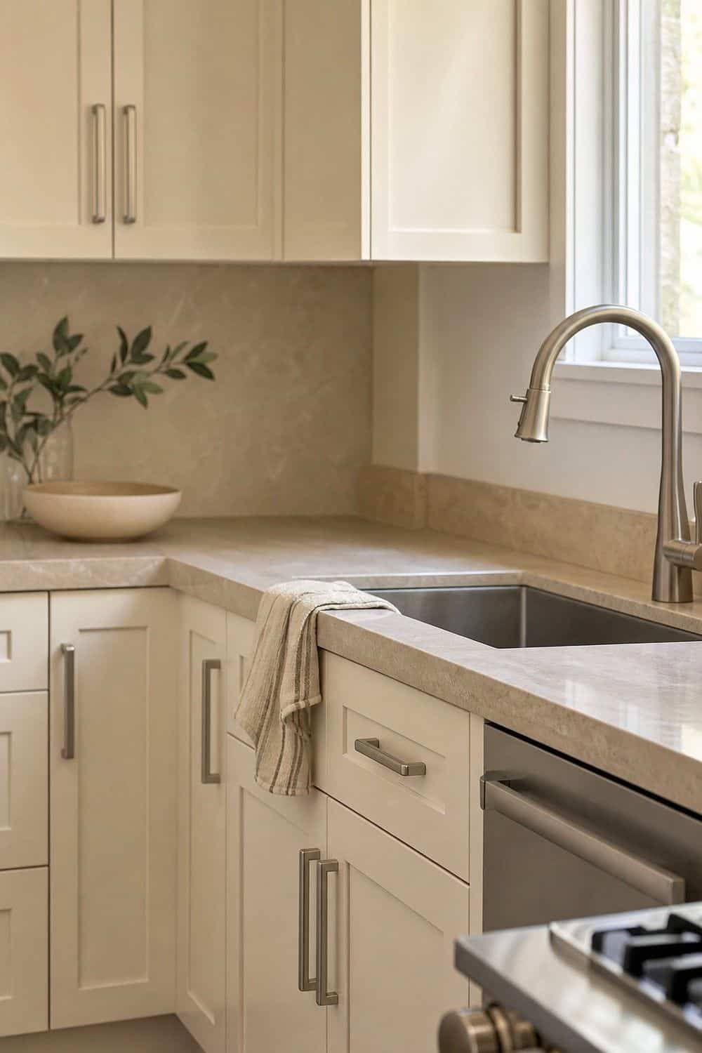 25 Warm Neutral Kitchen Ideas for a Softer Modern Look 13. Use Satin Nickel for a Quieter Neutral Kitchen