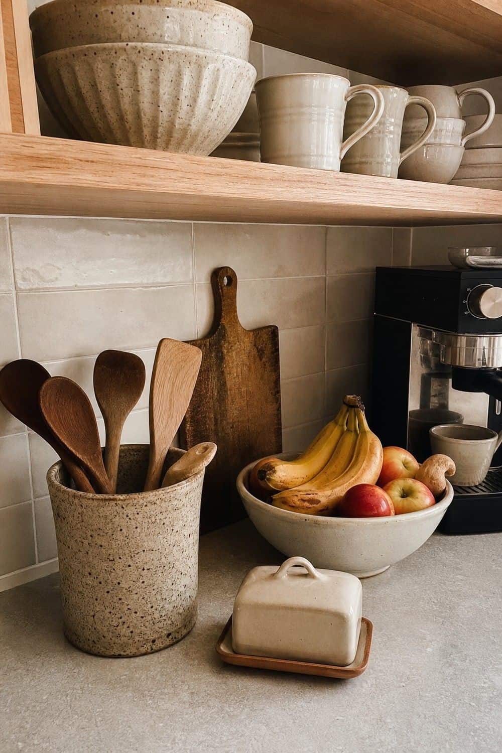 25 Warm Neutral Kitchen Ideas for a Softer Modern Look 18. Use Stoneware and Ceramic Decor