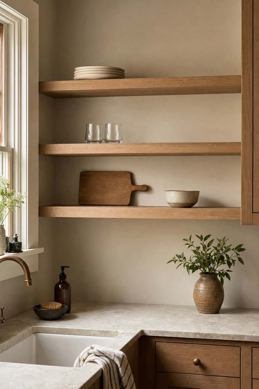 25 Warm Neutral Kitchen Ideas for a Softer Modern Look 22. Style Open Shelves With Breathing Room