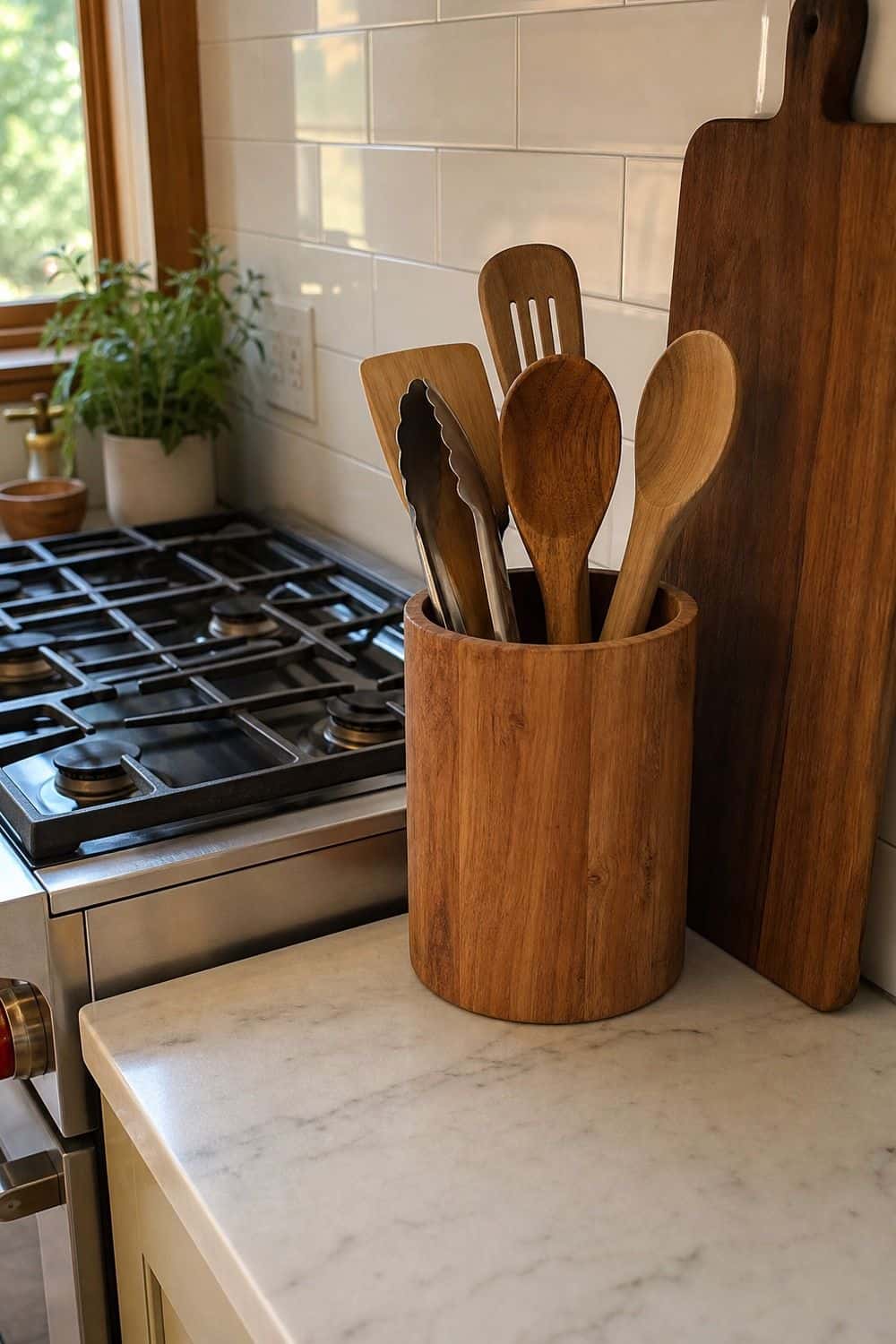 25 Warm Wood Kitchen Ideas for Natural Everyday Style Utensils in a Wood Crock for warm wood kitchen ideas