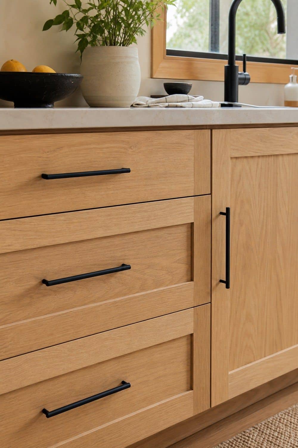 25 White Oak and Black Kitchen Ideas for High-Contrast Warmth Slim Black Cabinet Pulls in a white oak and black kitchen