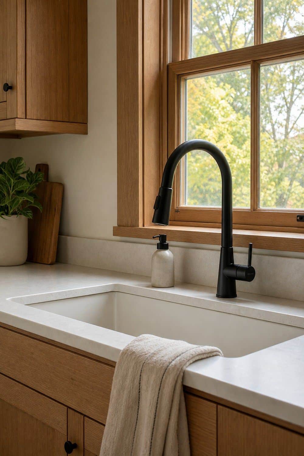 25 White Oak and Black Kitchen Ideas for High-Contrast Warmth Soft Black Faucet at the Sink in a white oak and black kitchen