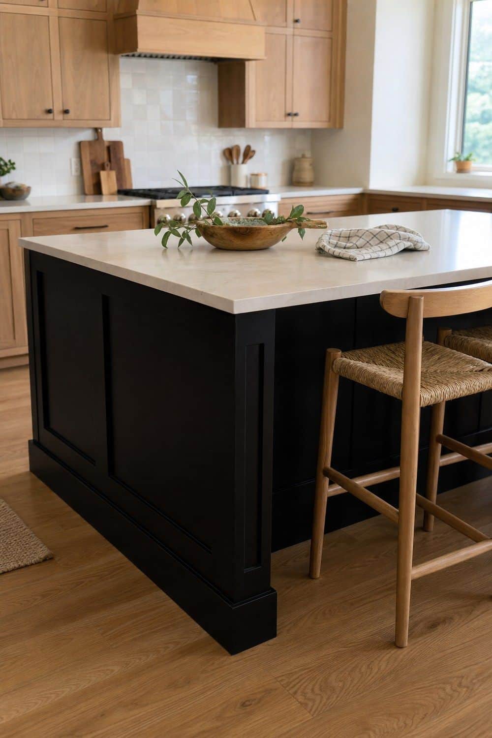 25 White Oak and Black Kitchen Ideas for High-Contrast Warmth Black Island Base in a white oak and black kitchen