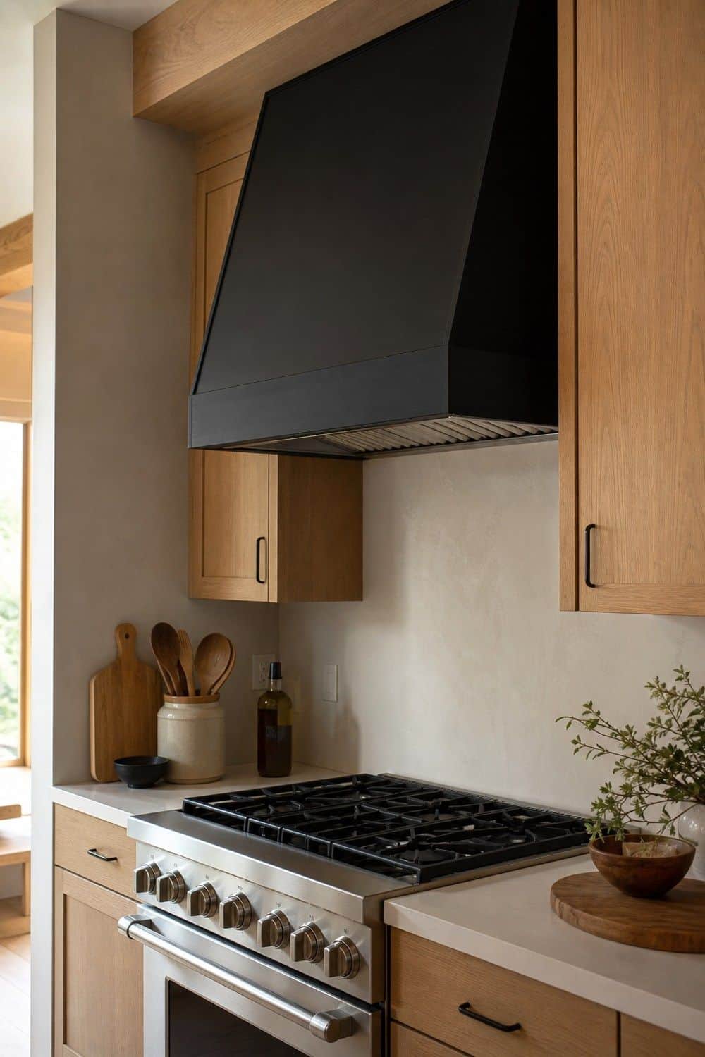 25 White Oak and Black Kitchen Ideas for High-Contrast Warmth Black Range Hood Above White Oak in a white oak and black kitchen