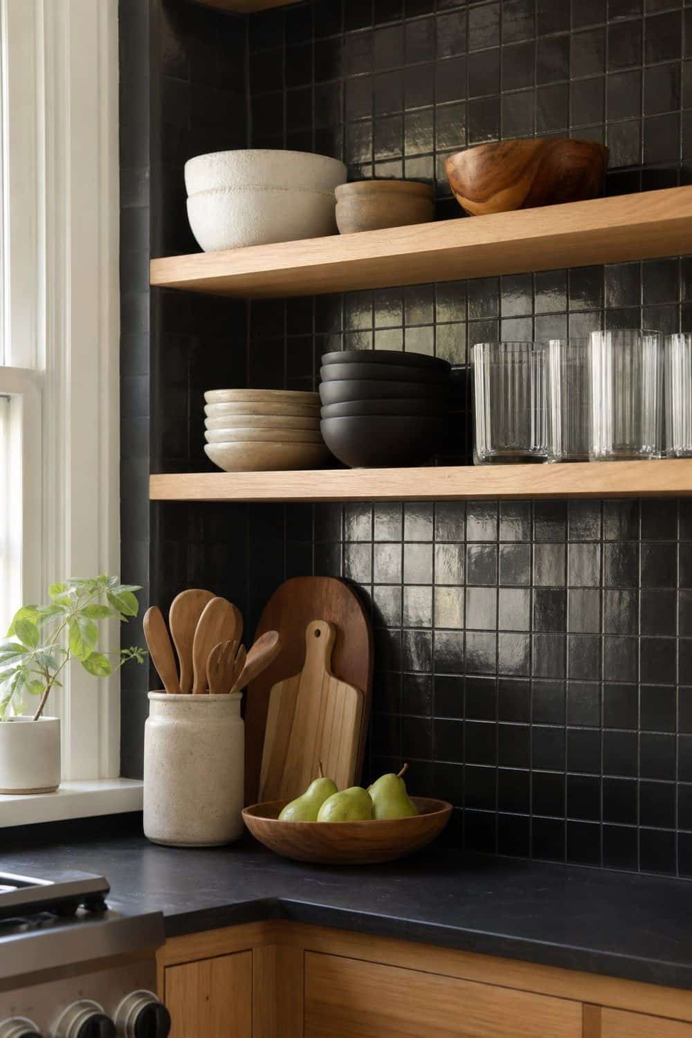 25 White Oak and Black Kitchen Ideas for High-Contrast Warmth Oak Shelves on a Dark Tile Wall in a white oak and black kitchen