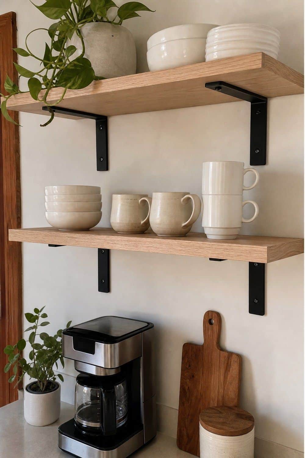 25 White Oak and Black Kitchen Ideas for High-Contrast Warmth White Oak Shelves With Black Brackets in a white oak and black kitchen