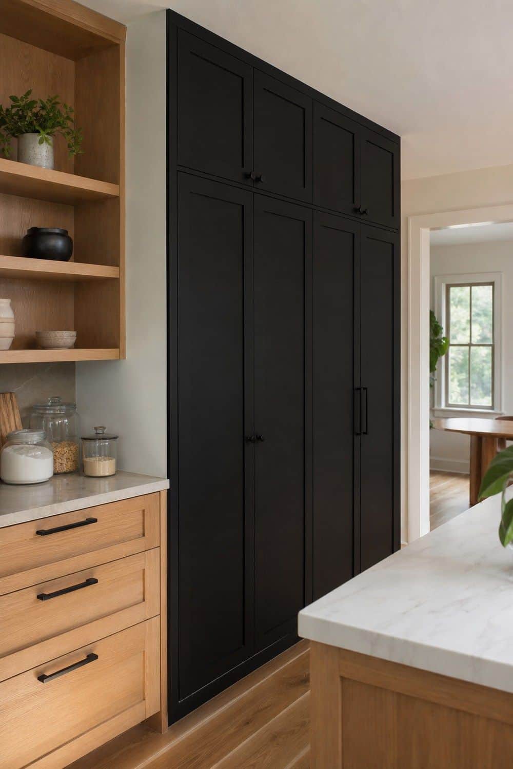 25 White Oak and Black Kitchen Ideas for High-Contrast Warmth Black Pantry Wall Beside White Oak in a white oak and black kitchen