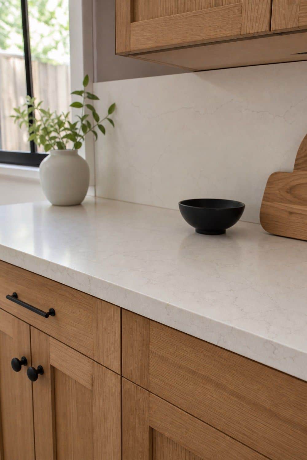 25 White Oak and Black Kitchen Ideas for High-Contrast Warmth White Oak With Creamy Quartz Counters in a white oak and black kitchen