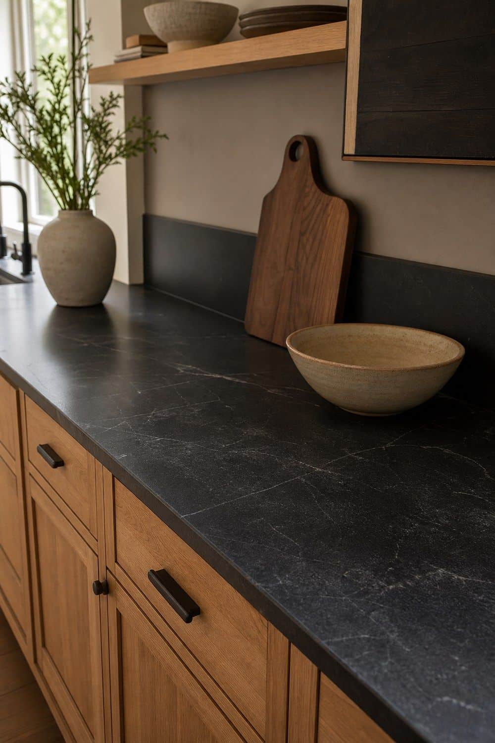 25 White Oak and Black Kitchen Ideas for High-Contrast Warmth Soapstone-Look Counters for Black Depth in a white oak and black kitchen