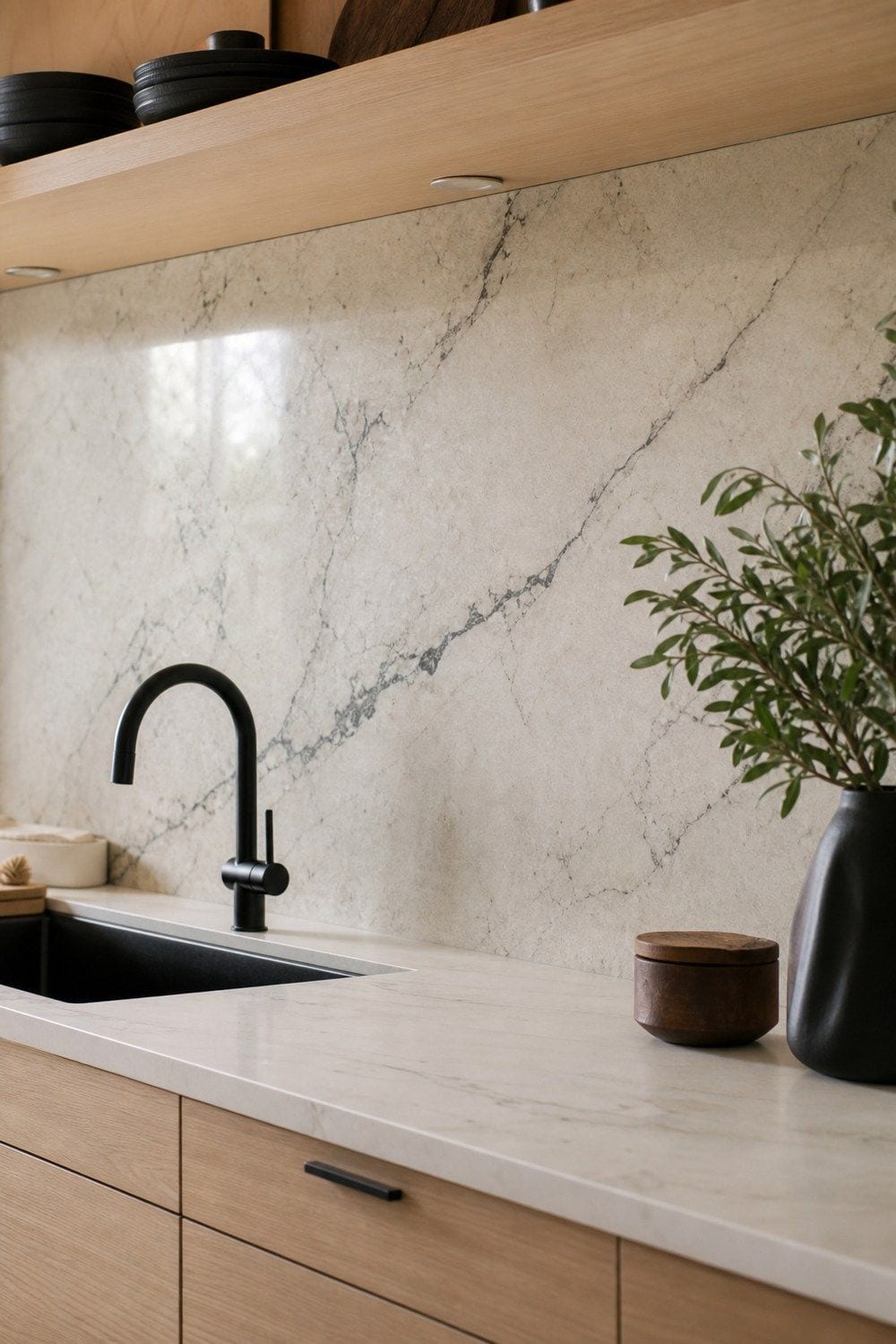 25 White Oak and Black Kitchen Ideas for High-Contrast Warmth Veined Stone Slab Backsplash in a white oak and black kitchen