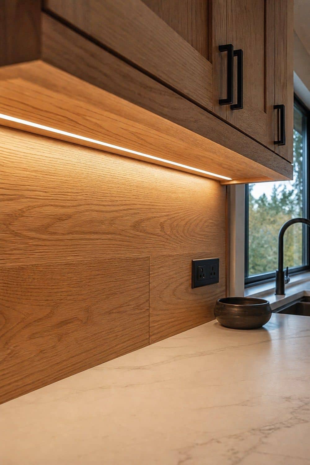 25 White Oak and Black Kitchen Ideas for High-Contrast Warmth Warm Under-Cabinet Light on Oak Grain in a white oak and black kitchen