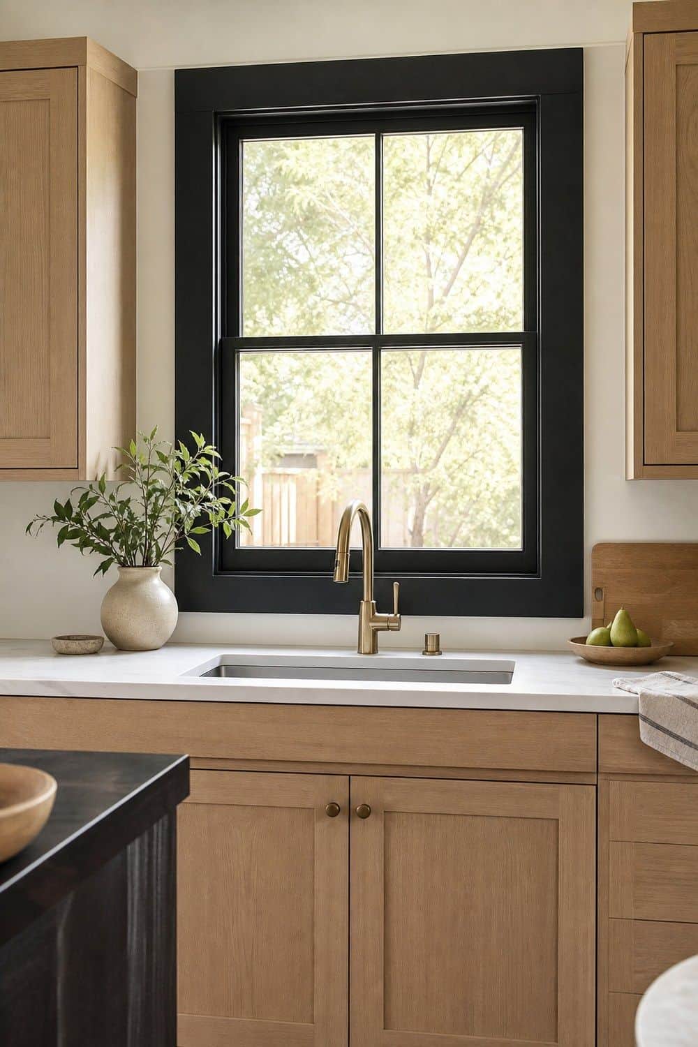 25 White Oak and Black Kitchen Ideas for High-Contrast Warmth Black Window Trim Without Dark Cabinets in a white oak and black kitchen