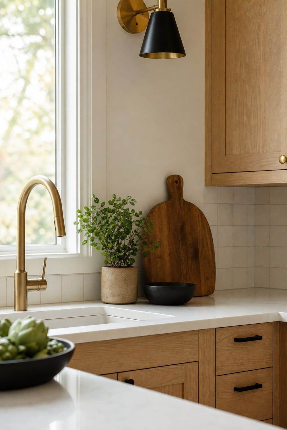 25 White Oak and Black Kitchen Ideas for High-Contrast Warmth Brass With Black in Small Touches in a white oak and black kitchen