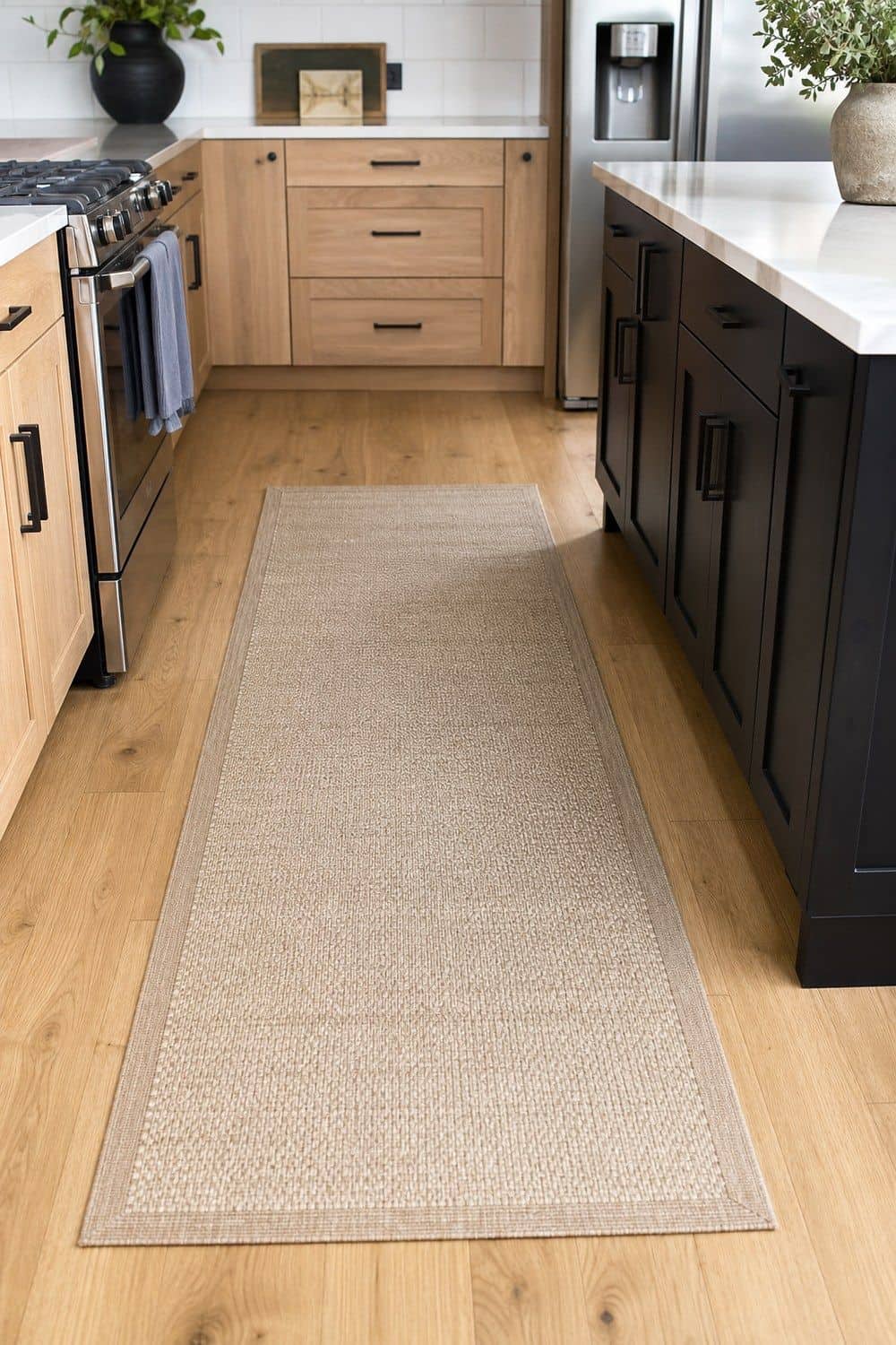 25 White Oak and Black Kitchen Ideas for High-Contrast Warmth Neutral Runner Between Oak and Black in a white oak and black kitchen