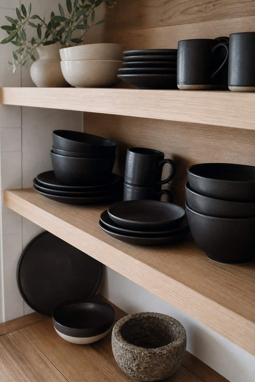 25 White Oak and Black Kitchen Ideas for High-Contrast Warmth Black Stoneware on White Oak Shelves in a white oak and black kitchen