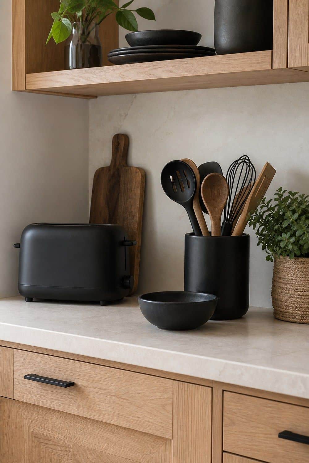 25 White Oak and Black Kitchen Ideas for High-Contrast Warmth Black Counter Essentials on White Oak in a white oak and black kitchen