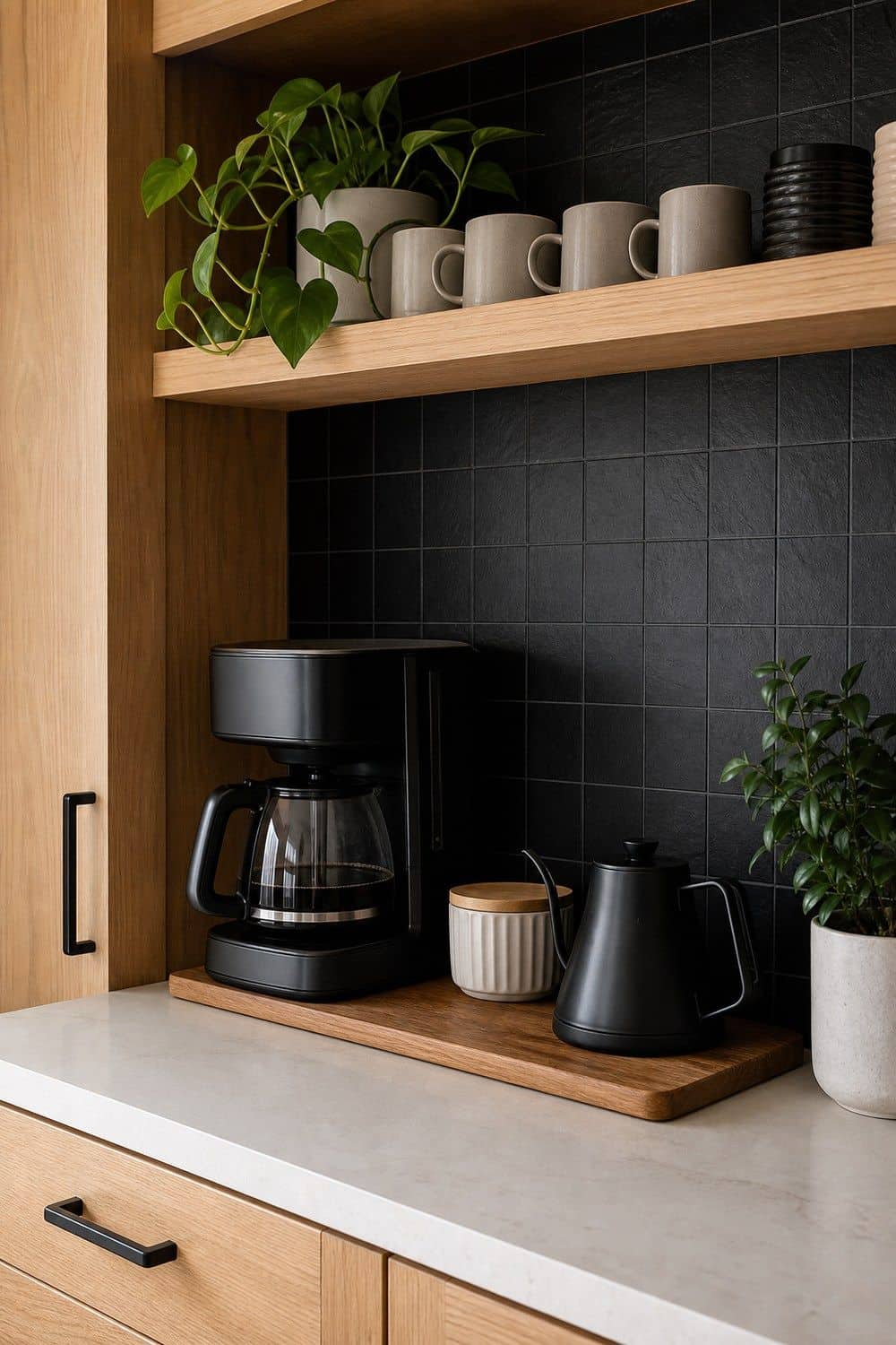 25 White Oak and Black Kitchen Ideas for High-Contrast Warmth Black Peel-and-Stick Tile Behind a Coffee Bar in a white oak and black kitchen
