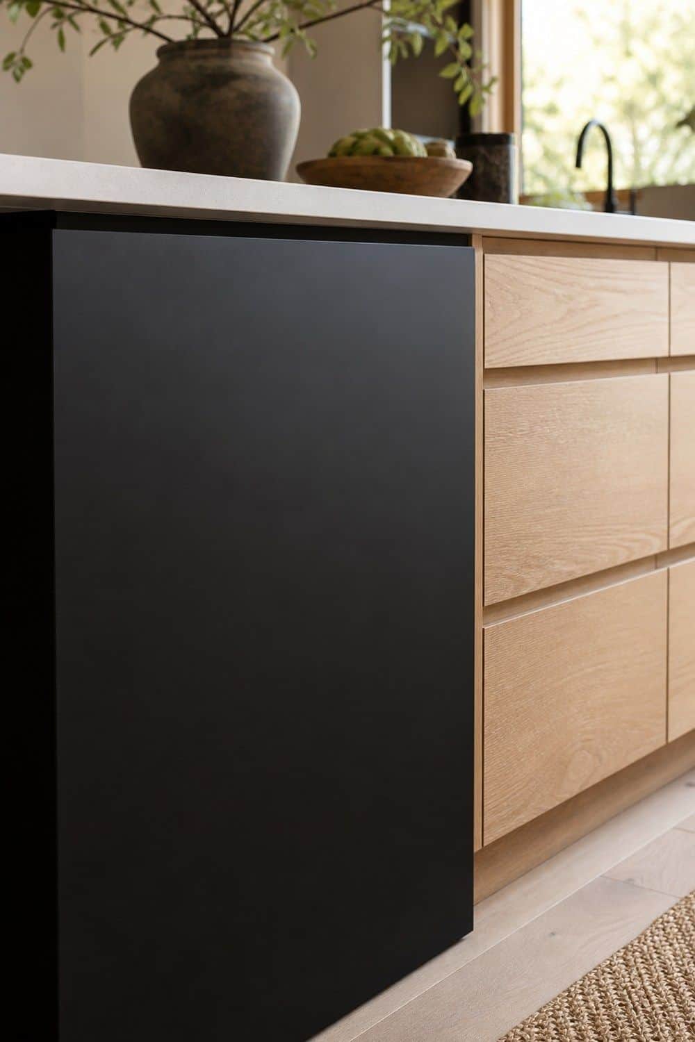 25 White Oak and Black Kitchen Ideas for High-Contrast Warmth Satin Black Instead of Glossy Black in a white oak and black kitchen